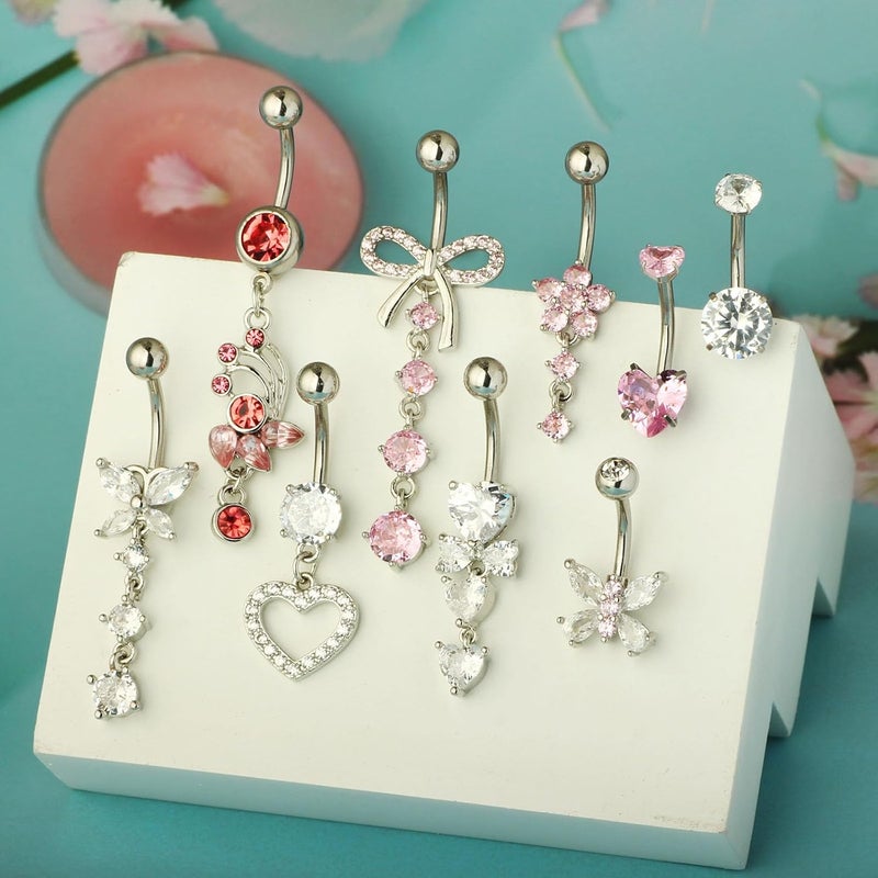 Suotarn 14G Belly Button ring Dangle Belly Rings Surgical Stainless Steel Cute Bow Butterfly Heart Flower Dangling Belly Button Piercing Jewelry For Women Silver Dainty Dangly Navel Ring - Image 2